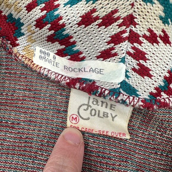 Vintage Cardigan Jacket 1970s Jane Colby USA Aztec Belted Maroon Teal Medium - Picture 4 of 8